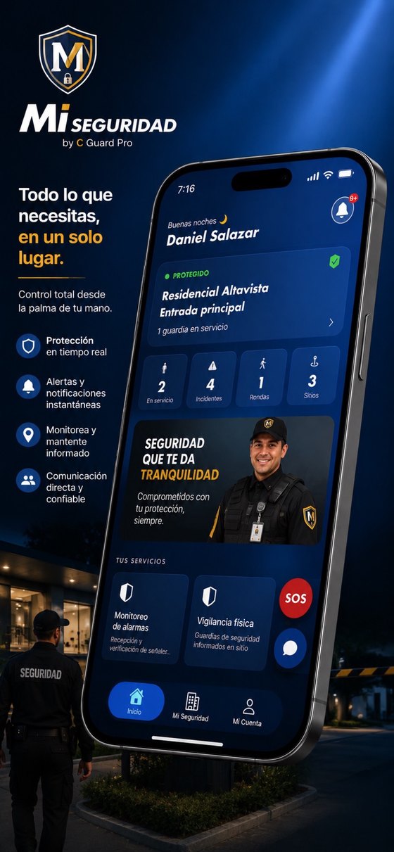 Pantalla de inicio de la app Mi Seguridad, con el sitio protegido y los vigilantes en servicio