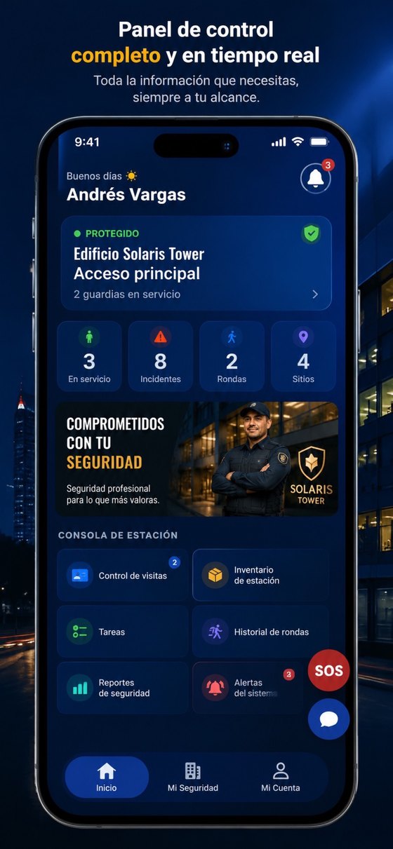 Panel de control de la app Mi Seguridad con accesos a visitas, rondas, tareas y reportes