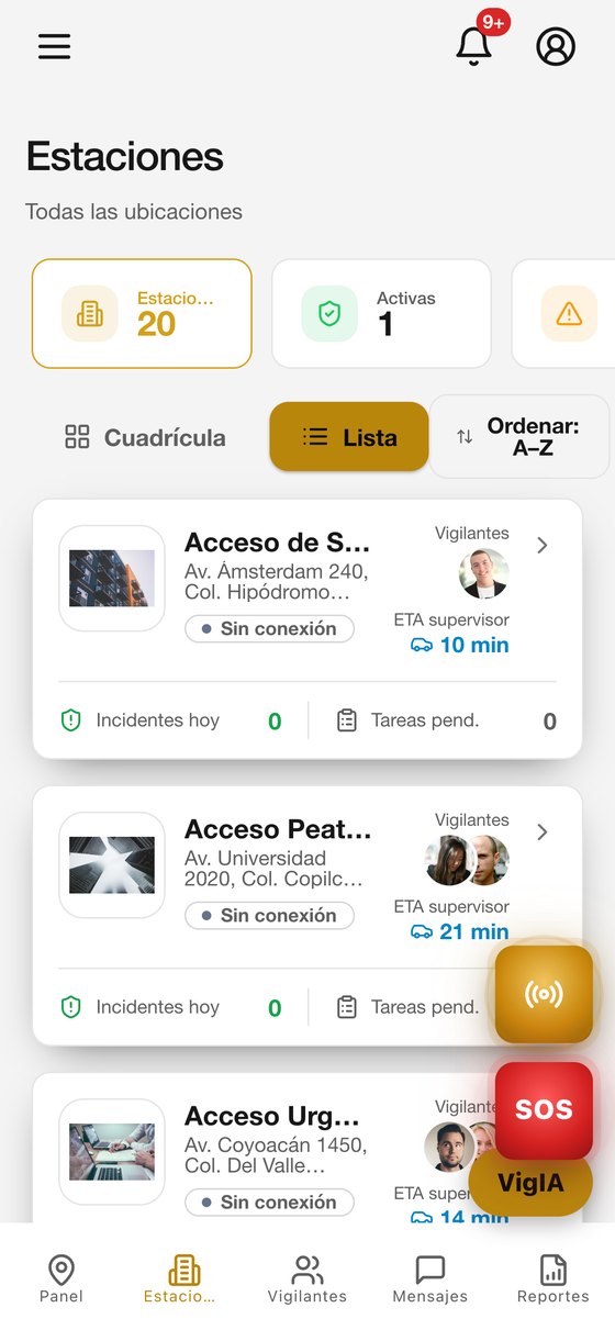 Lista de estaciones en la app del supervisor, con estado y tiempo estimado de llegada