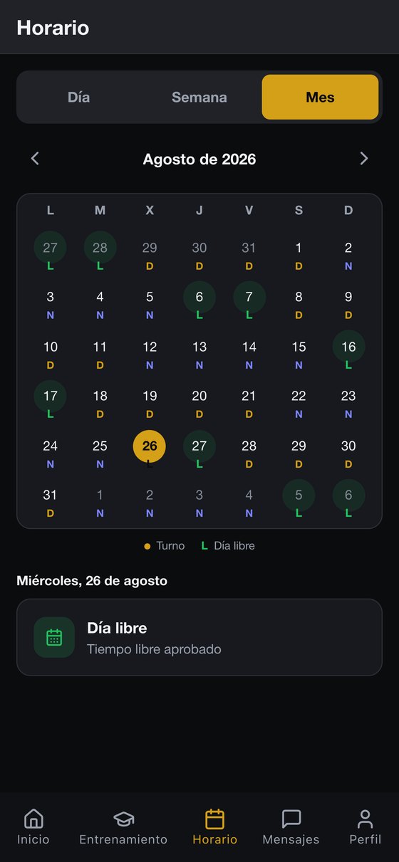 Calendario mensual de turnos en la app del vigilante