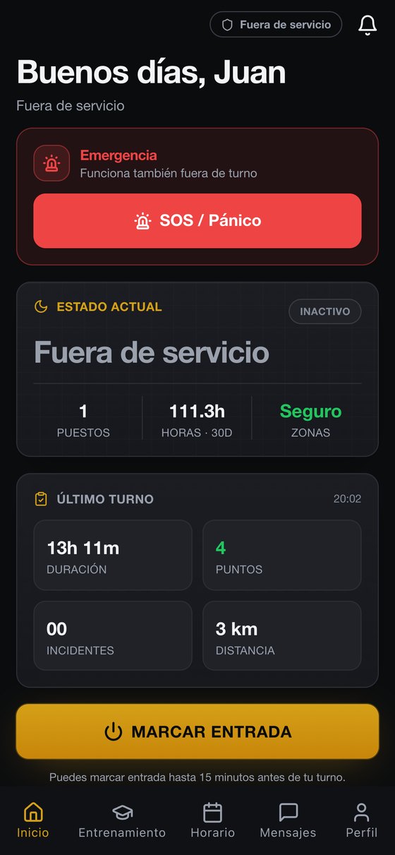 Pantalla de inicio de la app del vigilante con el botón de pánico y el marcaje de entrada