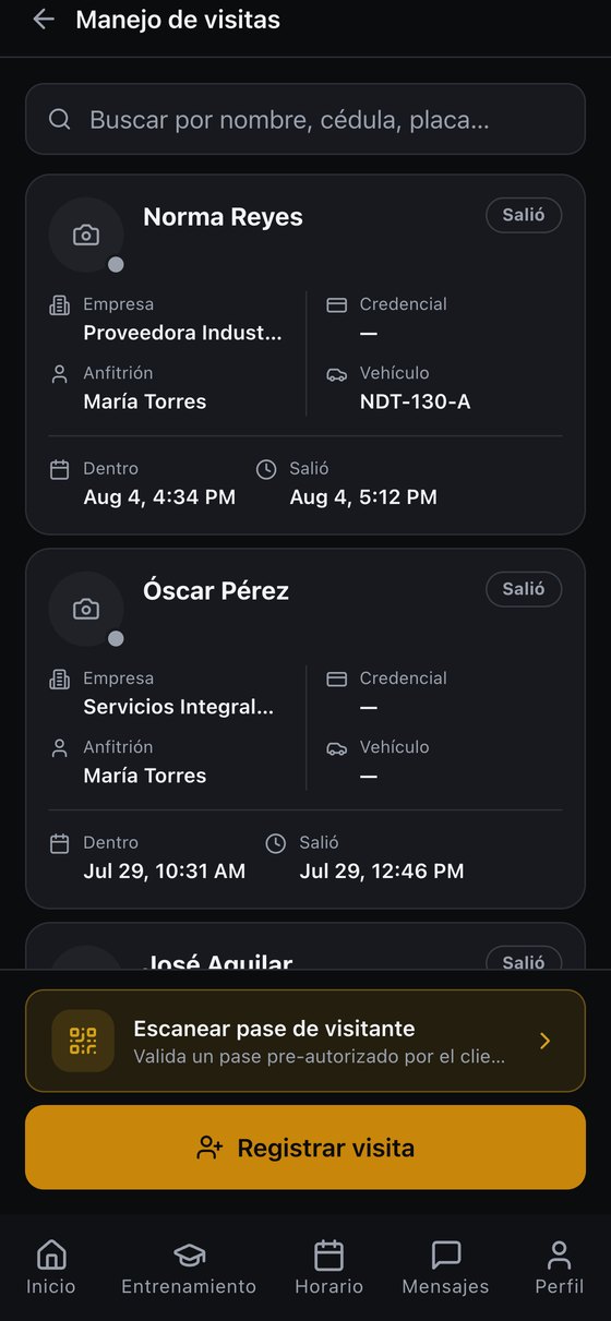 Pantalla de manejo de visitas en la app del vigilante