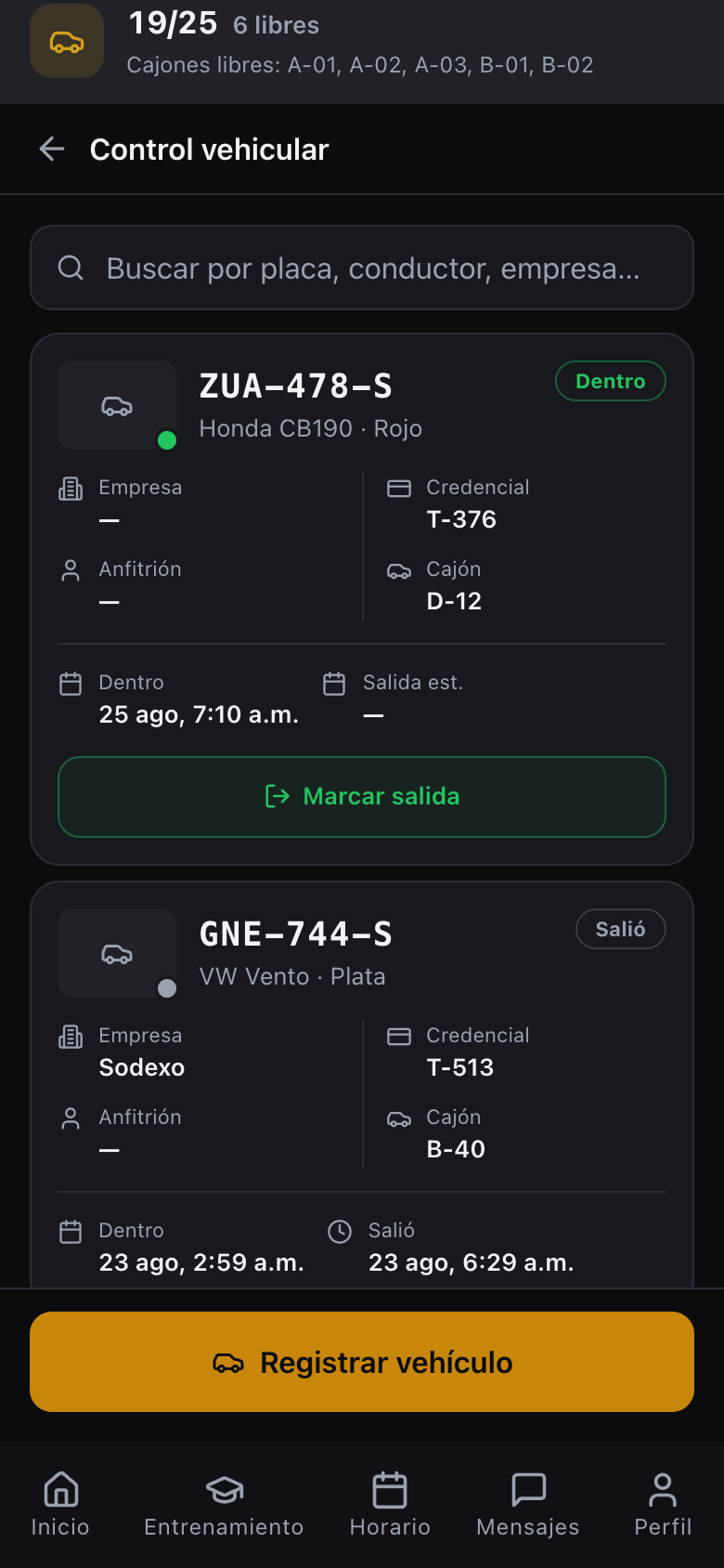 Pantalla de control vehicular en la app del vigilante