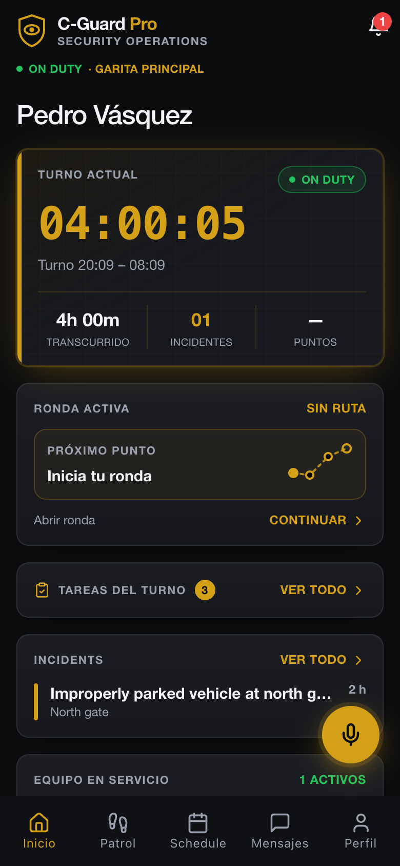 On-duty guard dashboard in the C-Guard Pro app