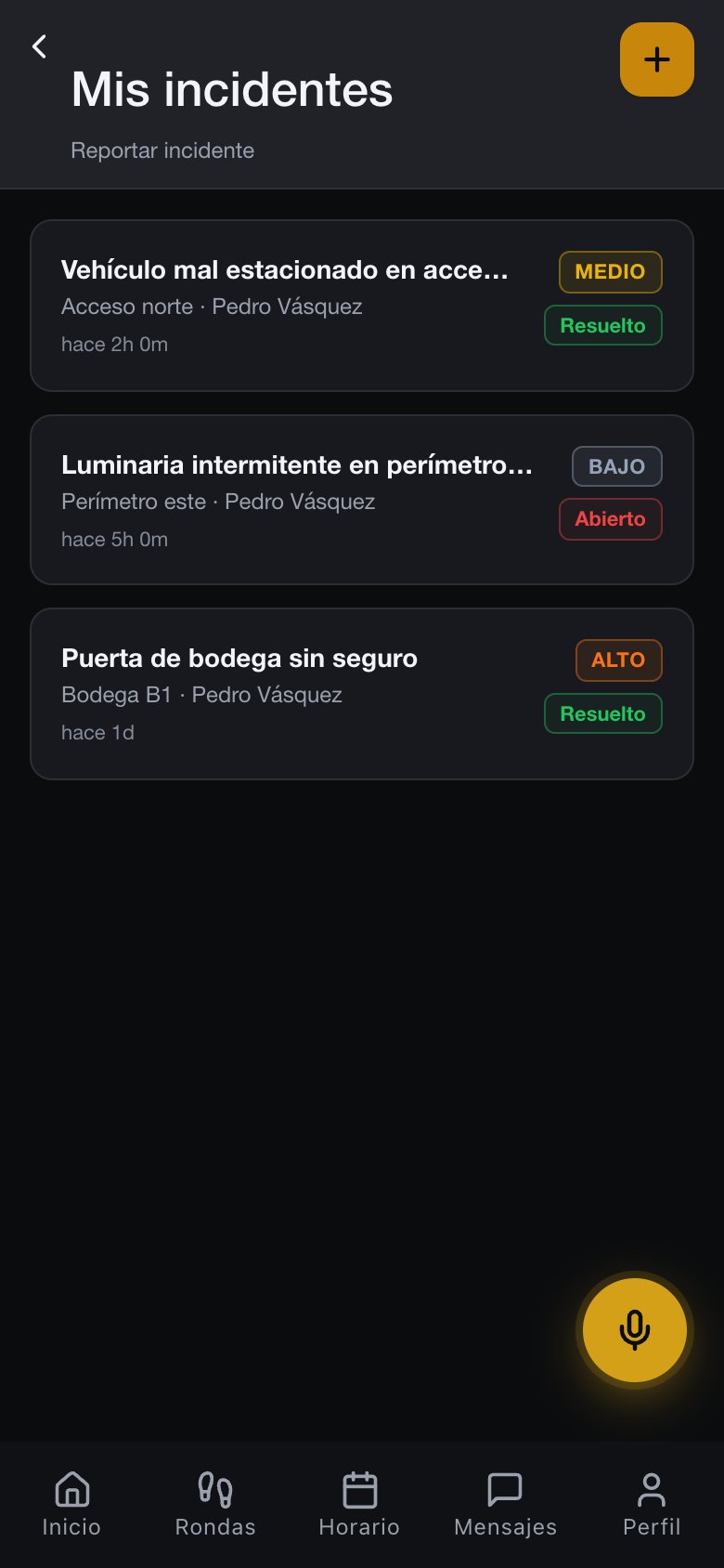 Registro de novedades e incidentes en la app del vigilante de CGuardPro