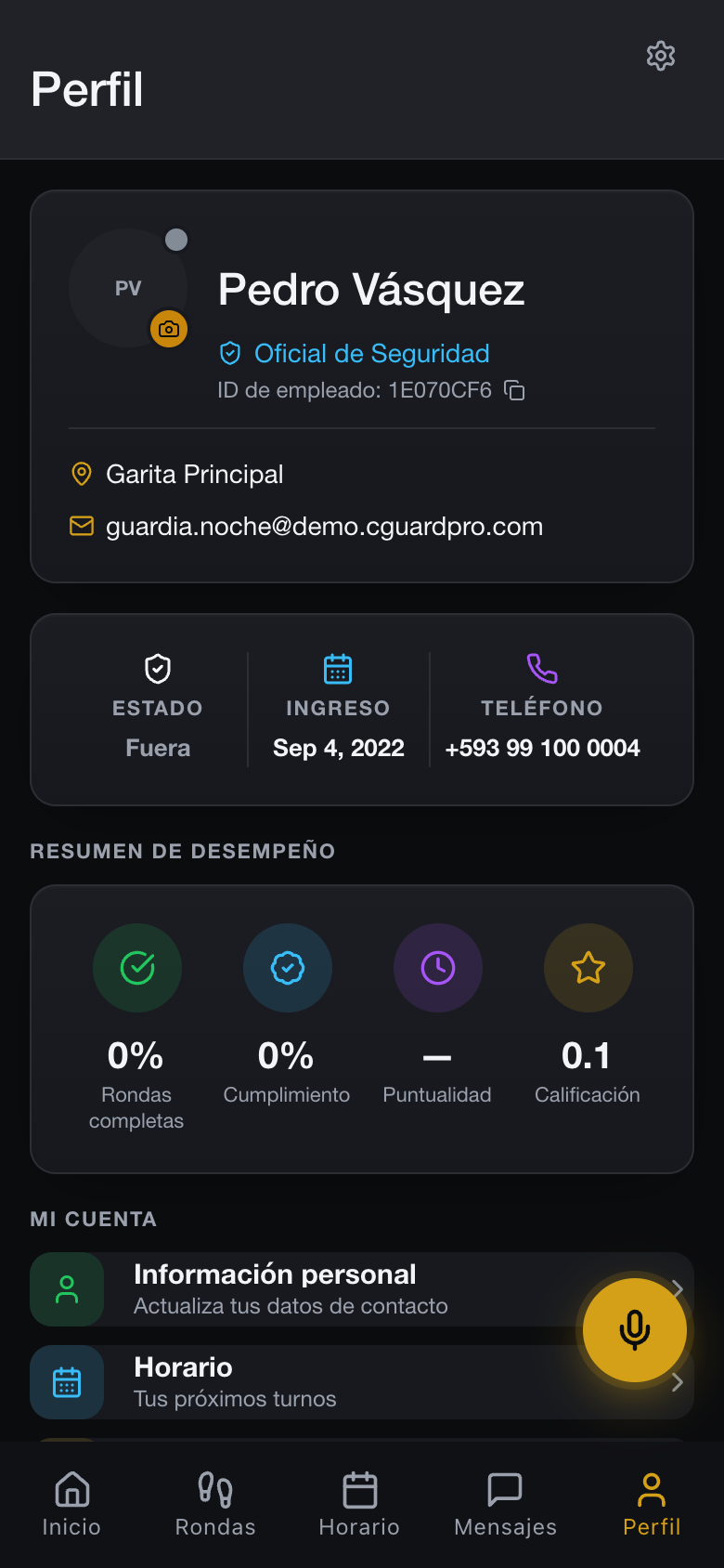 El perfil del agente con su información de servicio