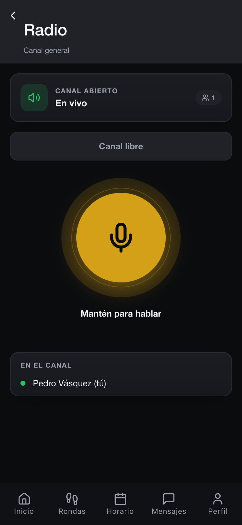 Radio PTT en vivo en la app del vigilante de CGuardPro con botón de hablar