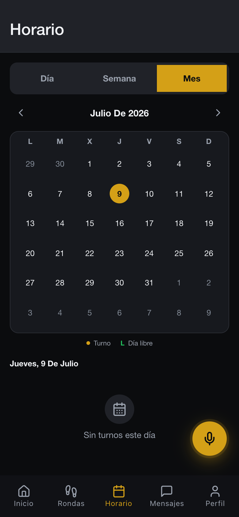 Horario mensual del vigilante en la app de CGuardPro