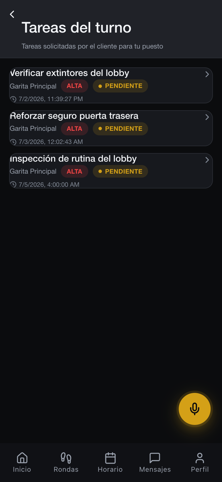 Tareas solicitadas por el cliente en la app del vigilante de CGuardPro
