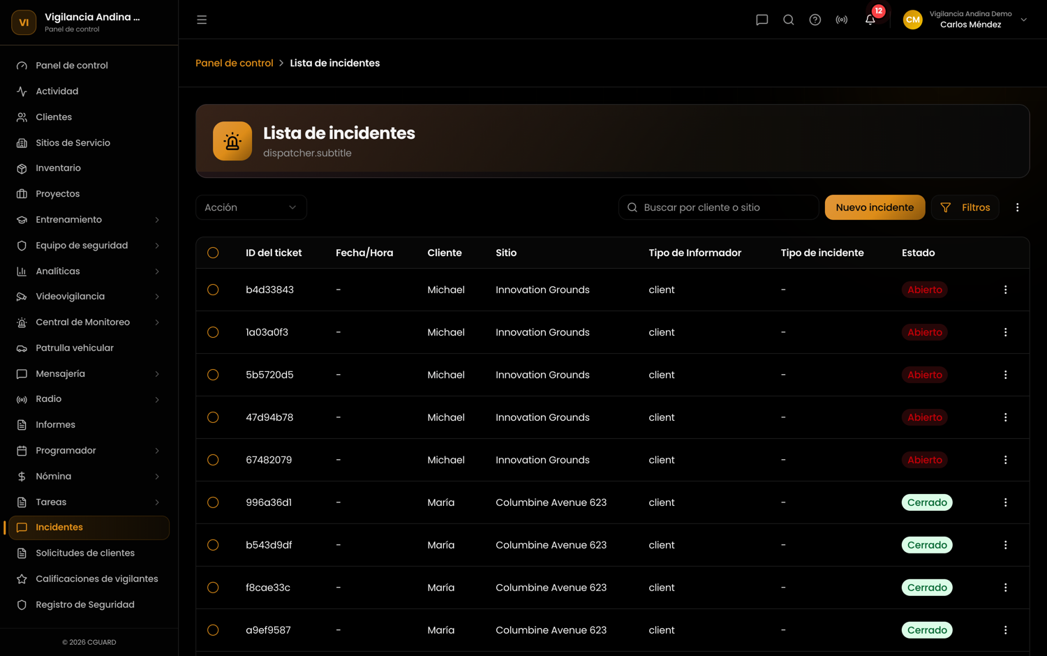Software de reportes de incidentes de seguridad en CGuardPro — cola de incidentes en vivo con fotos, marcas de tiempo y estado de cada caso