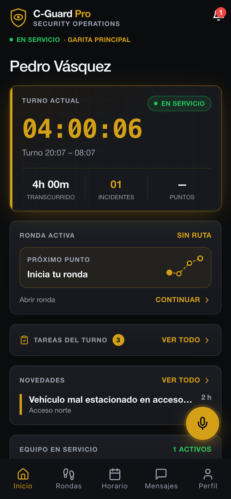 Panel del vigilante en servicio en la app C-Guard Pro